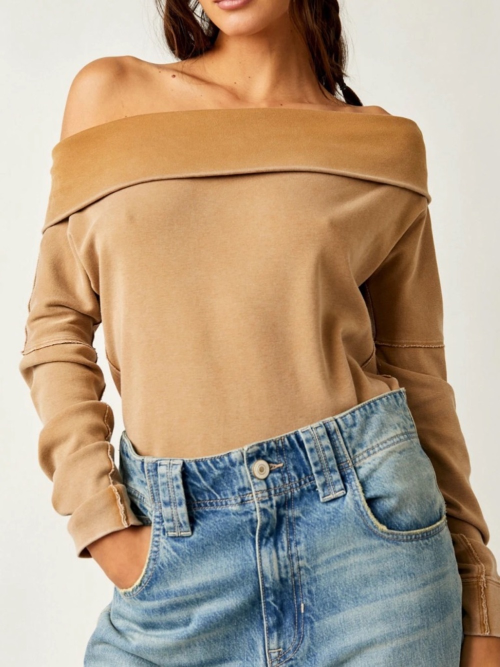 WE THE FREE Iced Coffee Long Sleeve Off the Shoulder Not The Same Tee